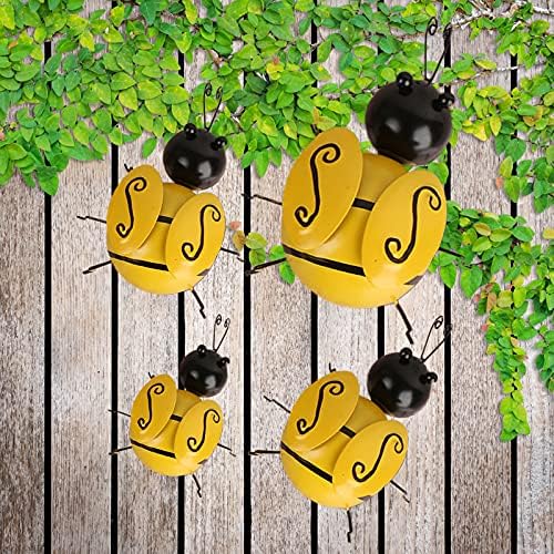 【4 Pack】Metal Wall Art Bee, Metal Bumble Bee Wall Décor, 3D Iron Bee Art Sculpture Hanging Wall Decorations for Outdoor Home Garden Patio Yard Lawn Fence