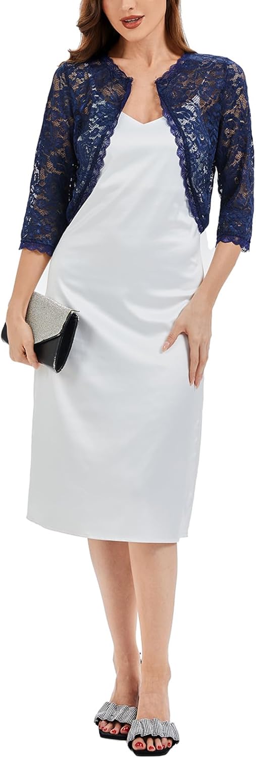 Women's Elegant 3/4 Sleeve Crochet Shrug for Dress Open Front Lightweight Floral Lace Cropped Cardigan - Image 6