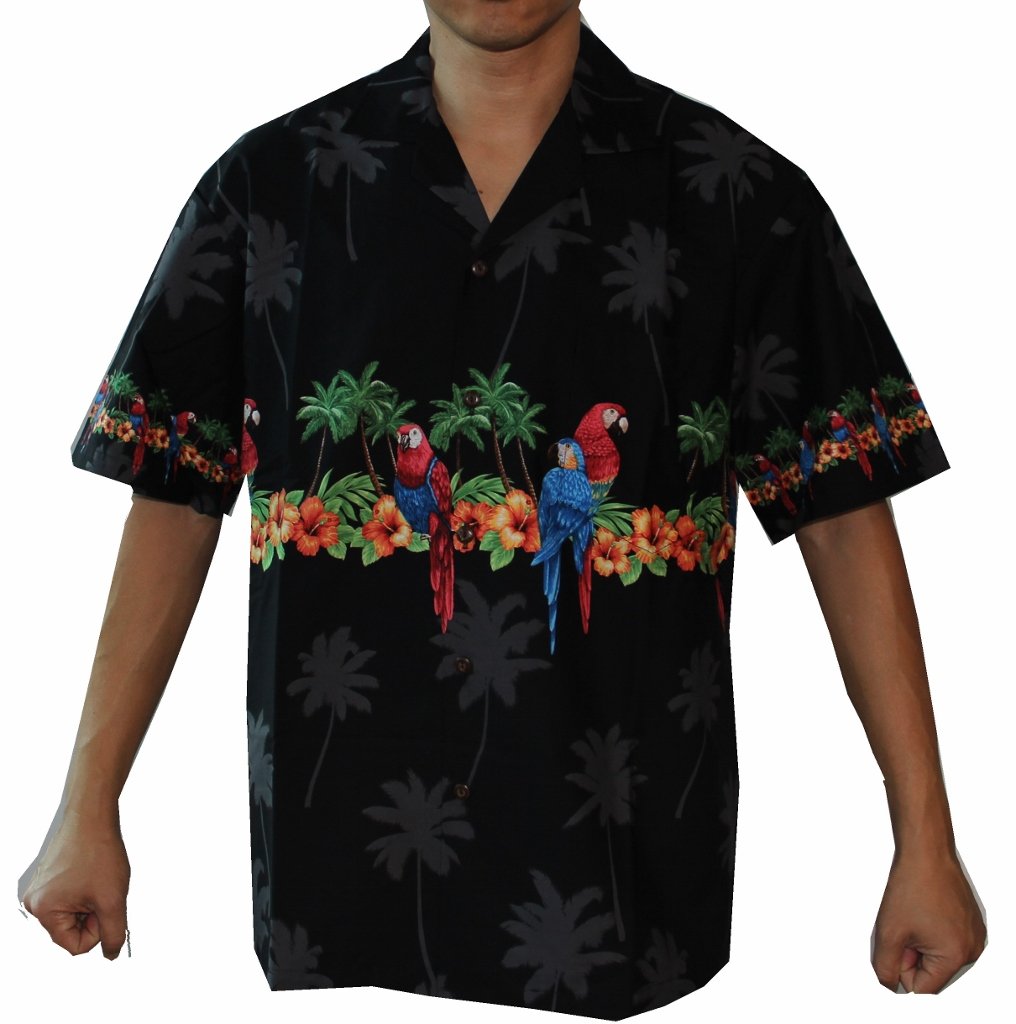 Made in Hawaii ! Men's Parrots Hibiscus Hawaiian Luau Cruise Aloha Shirt