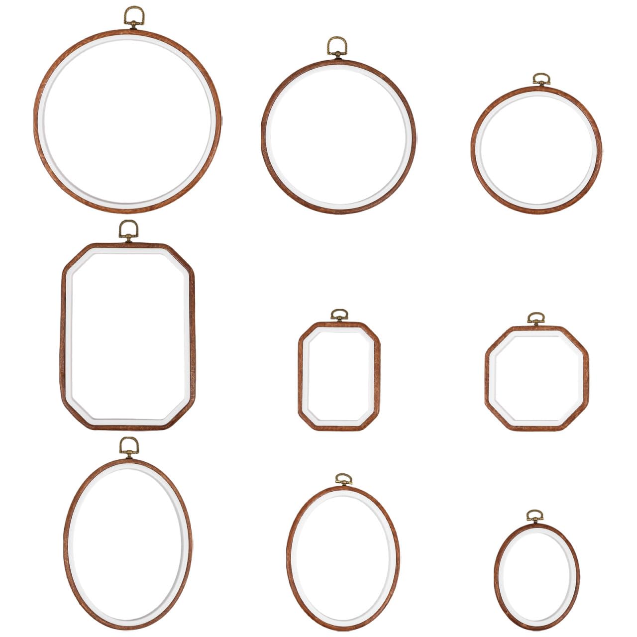 AKOOSY 9 Stück Stickrahmen Satz mit Holzmaserung Sicherer Stoffhalt mit 9 Teilen in 3 Formen aus Pp Pvc und Metall und Metallringe für Nähen Basteln und Geschenkverpackung