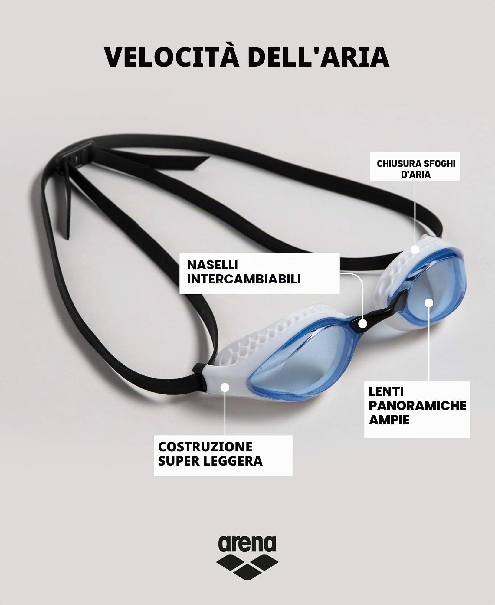 Arena Airspeed Occhialini Nuoto da Gara Anti-Appannamento Unisex Adulto, Occhialini Piscina con Ampie Lenti, Protezione UV, 3 Ponti Nasali Intercambiabili, Guarnizioni Air Seals