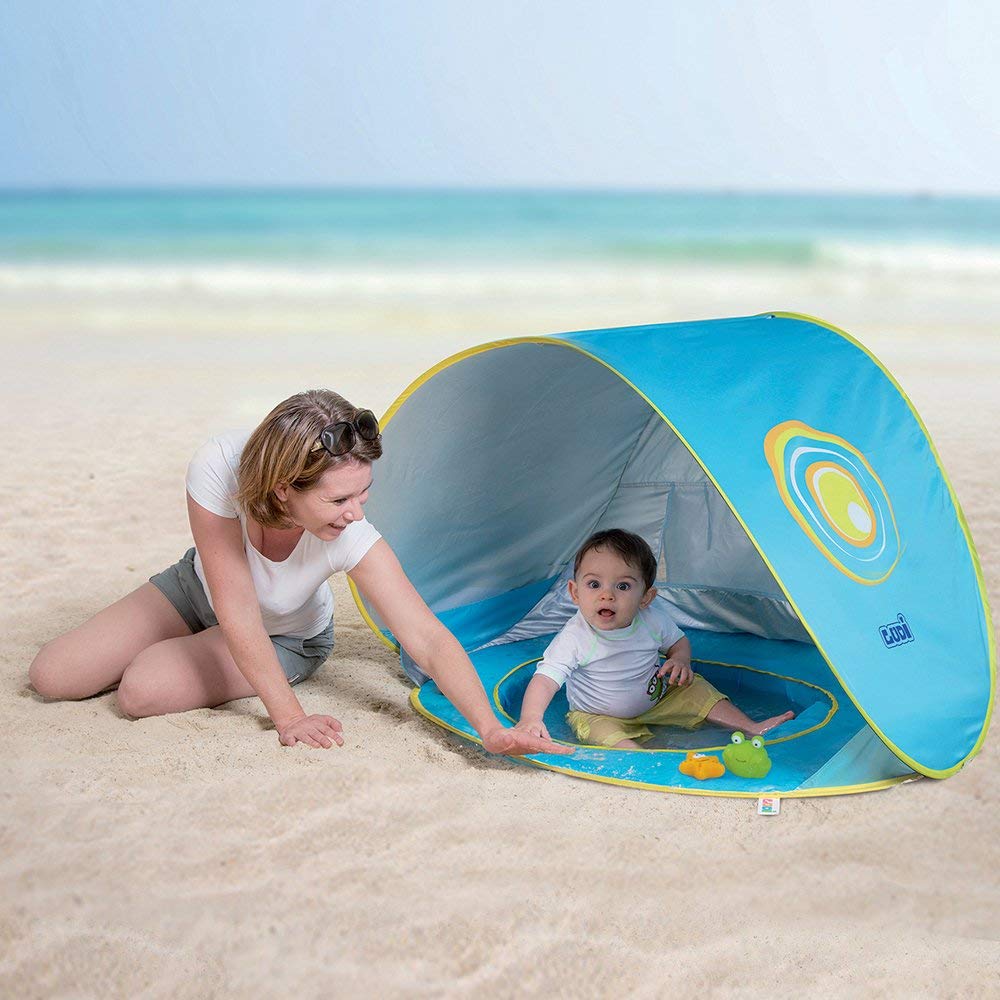 LUDI - Piscine Pop-Up Multifonction pour Bébé - Avec Tente Anti UV 50 et Filet - Protège du Vent, du Soleil et du Sable - Piscine et Tente de Plage - À Partir de 10 Mois
