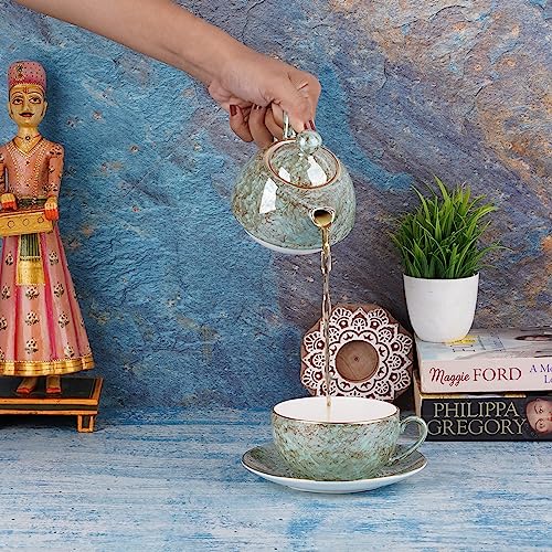 Image of Dandy Lines Tea for One Set Terra Gold, Elegant Tea Set with Kettle, Bone China, Pack of 4, Microwave & Dishwasher Safe, Great for Hosting & Gifting