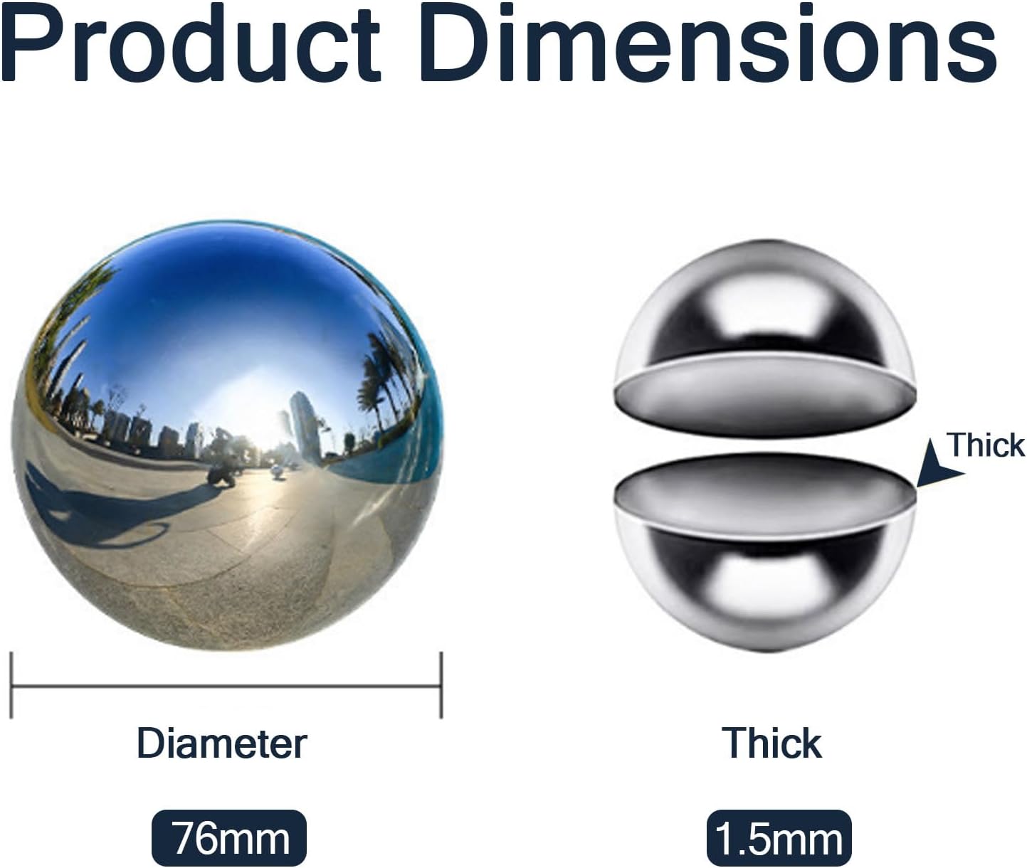 5pcs 304 Stainless Steel Hollow Ball, Silver Mirror Ball, Diameter 25-76mm Wall Thick 1.5mm, for Lawn Decoration,Diameter 76mm