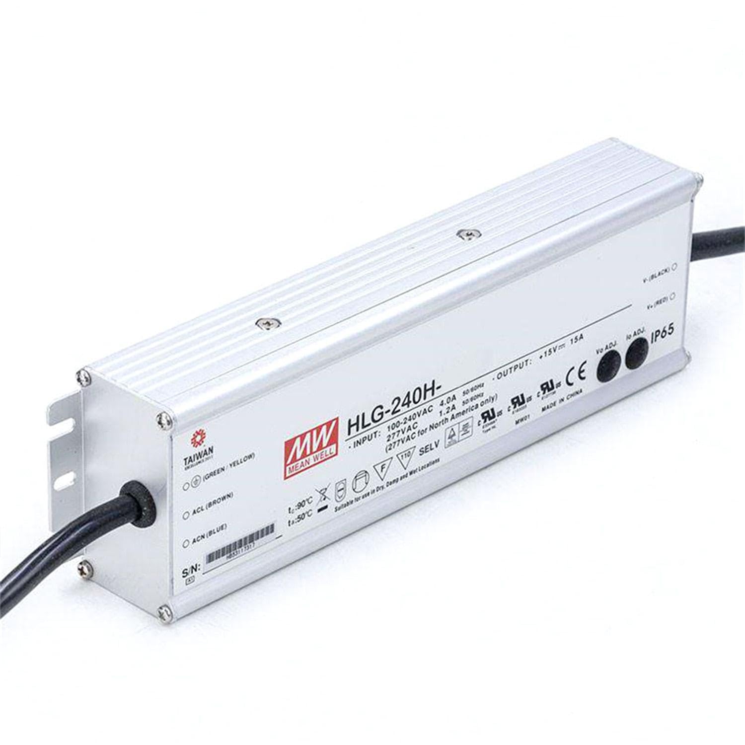 HLG-240H-12A 240W Single Output 12V DC LED Driver, IP65 Waterproof, Constant Current Mode with Adjustable Output, Aluminum Case, High Efficiency for Horticulture and Outdoor Lighting