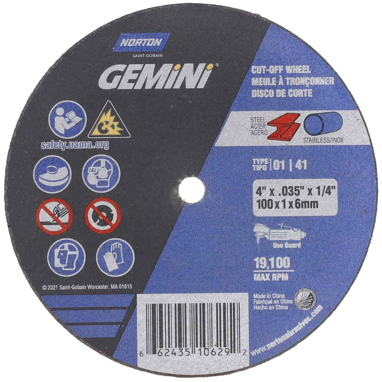 Gemini Reinforced Cut-Off Wheel, Type 1, 4 In Dia, 1/16 Thick, 3/8...