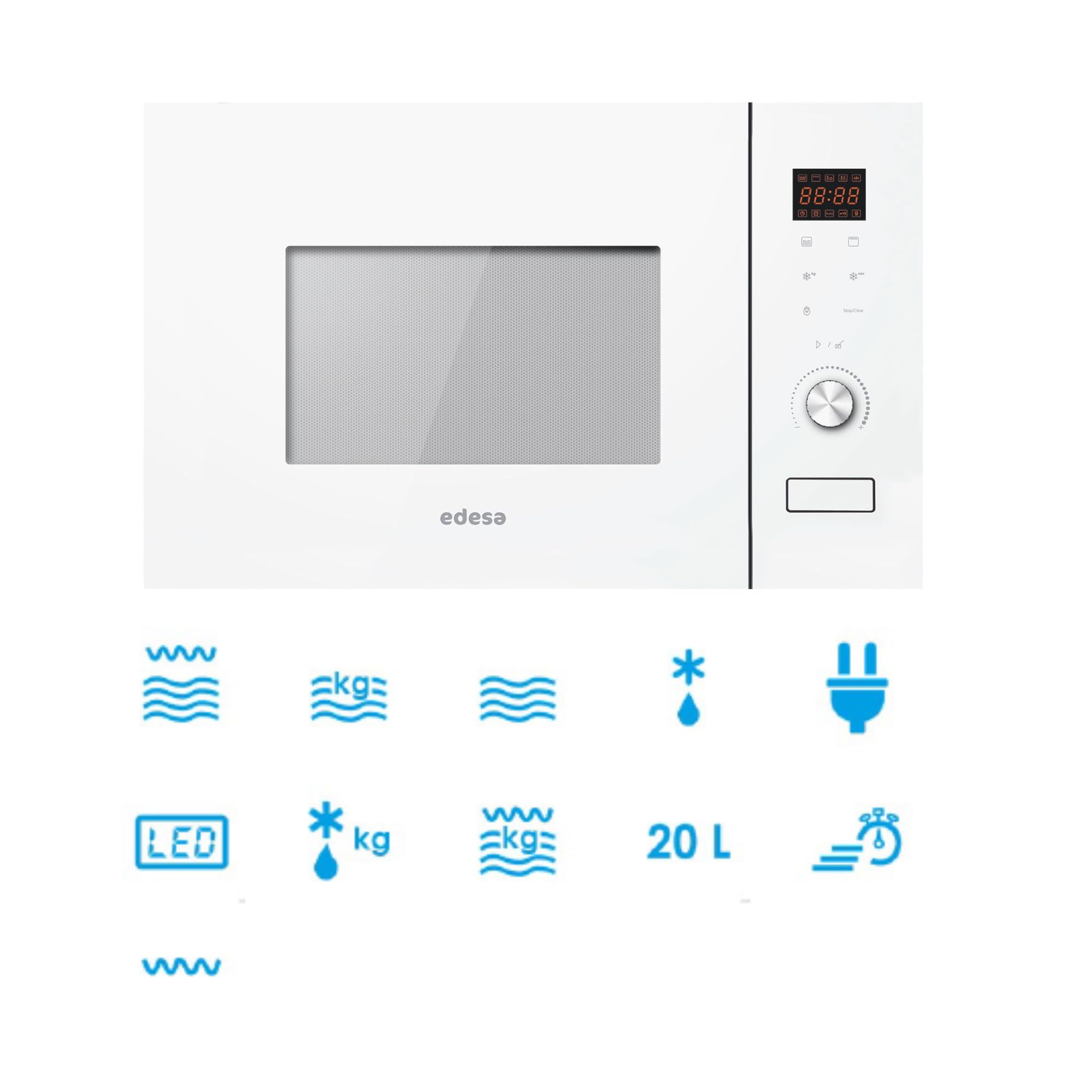 EDESA Mikrowelle EMW-2020-IG WH mit Einbau, 20 l, 800 W und Grill, 1000 W, Innengehäuse aus Edelstahl, Auftau- und Heizfunktionen, Breite 59,5 cm, Weiß