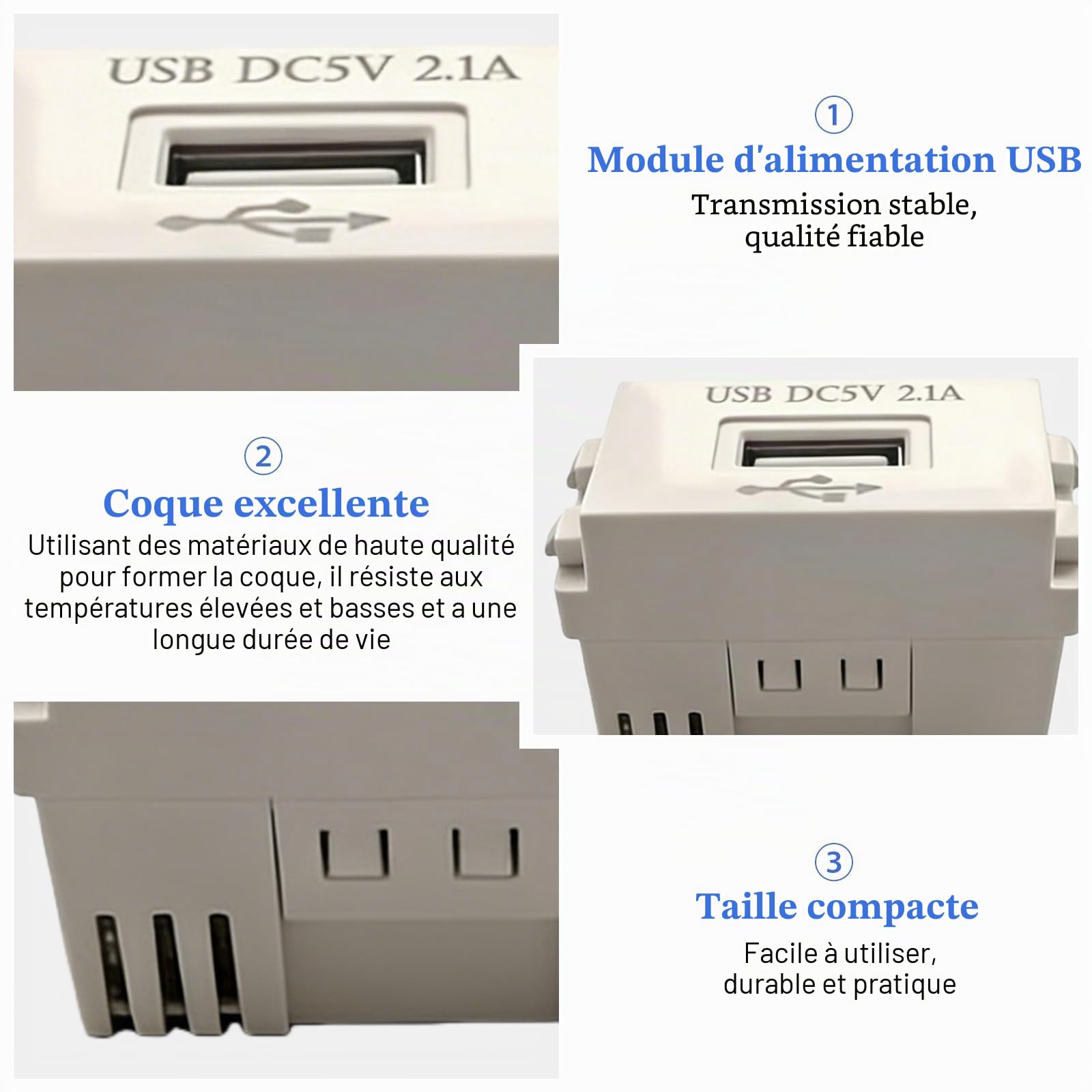 Lot de 5 Module Alimentation USB, Transformateur 220V vers 5V 2.1A, Modules d’Alimentation Encastrés USB pour Smartphones