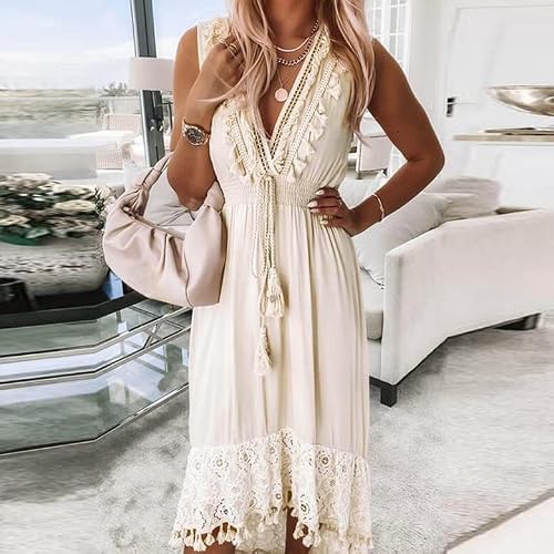 Boho Dress For Women Vacation Beach Maxi Dresses Lace Tassel Dress Deep V Neck Wedding Dress Flowy Swing Shift Dresses #TOP5