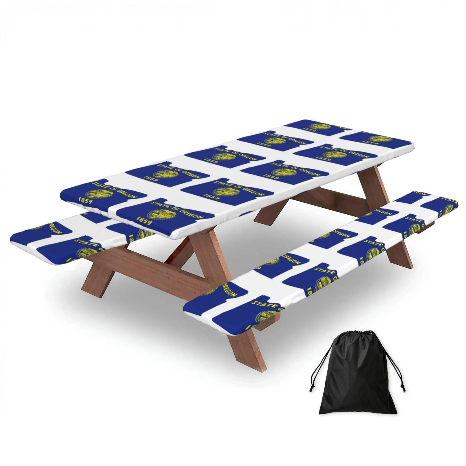 Zyjhyy Black Oregon State Flag Map Print Party Table Covers With Bench Covers Set Of 3 Picnic Table Cloth Wipe Clean For Garden Camping
