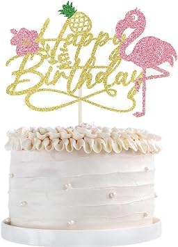 1 PCS Flamingo Happy Birthday Cake Topper-Tropical Hawaiian Luau Theme