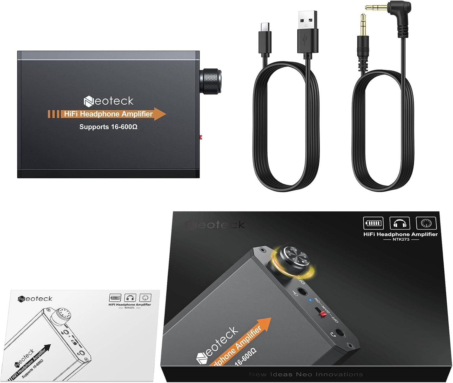 Neoteck 3,5 mm Kopfhörer Verstärker mit zweistufiger Verstärkungsschalter 16-600Ω Tragbarer HiFi-Headset-Verstärker, Aluminium-Matte Oberfläche