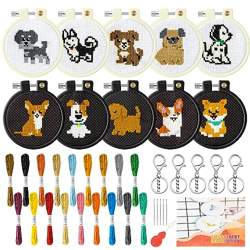 WATINC 10Pcs Embroidery Kit for Kids Stamped Cross Stitch, DIY Key Chain with Puppy Patterns Needlepoint Starter Kits, Craft Supplies for Beginners Children Adults Schoolbag Charms Ornaments