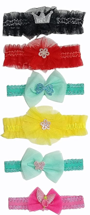 ANNACREATIONS Premium Glitter Soft Bow Multicolor Good Elastic Headband Hair Accessory for Baby Girls and Kids (Set Of 6)