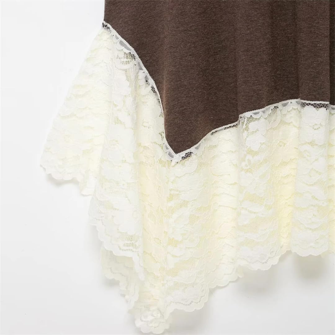 Dress Women's Brown Mock Neck Sleeveless Maxi with White Lace Hem Elegant Asymmetric Knit Dress for Casual & Formal