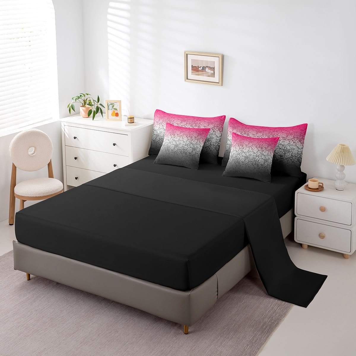 Feelyou Ombre Effects Comforter Set Full Size 7 Pieces Damask Pattern Bedding Set Rose Black Ombre Modern Bed in a Bag with Comforter, Sheets, Pillowcases & Cushion Cover Abstract Art Design Bed Set