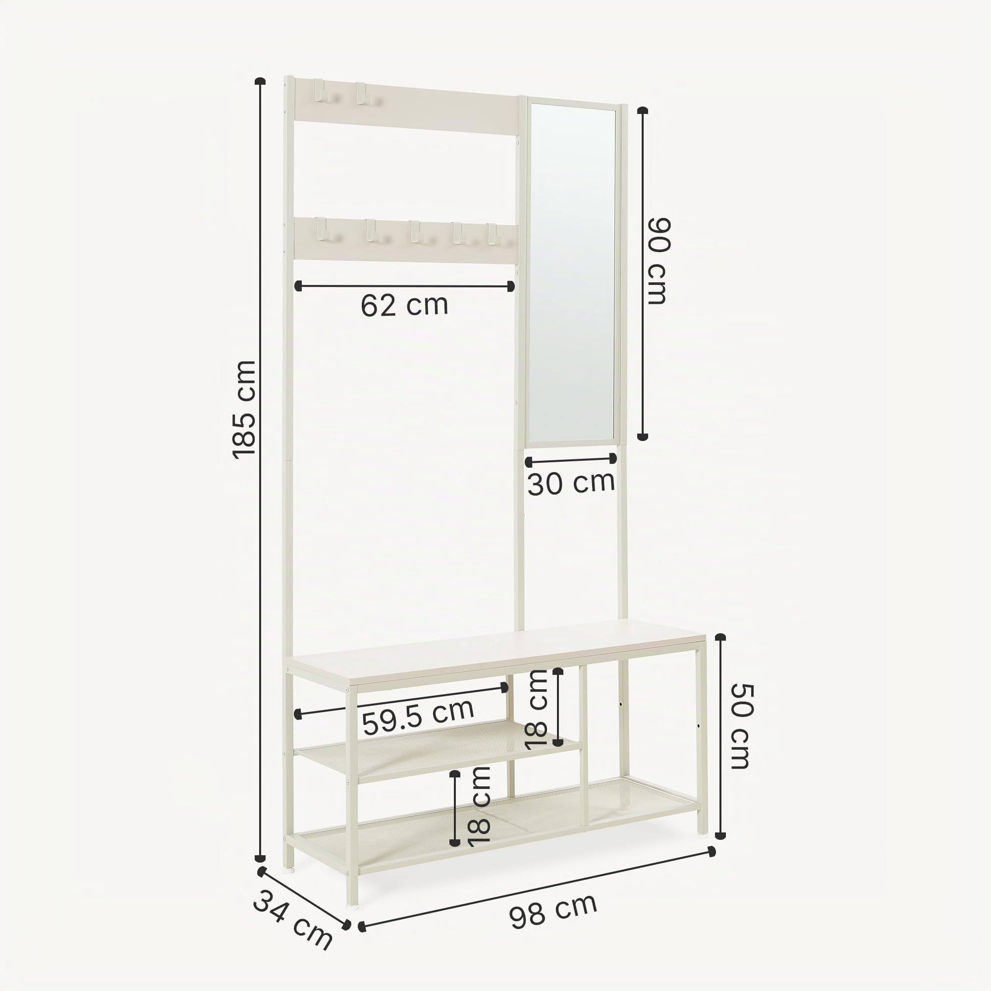 [en.casa] Mueble Recibidor Napinerg con Espejo y Zapatero Recibidor De Entrada Perchero con 7 Ganchos Flexibles Patas Ajustables Aglomerado Metal 185 x 98 x 34 cm - Color Arena