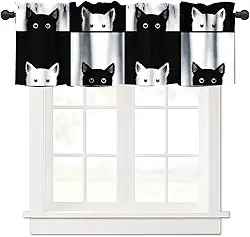JESTRONRY Cortina xadrez de gatos pretos, gato fofo com xadrez preto e branco, cortinas de tratamento de janela para cozinha, quarto, sala de jantar, decoração com bolso para varão