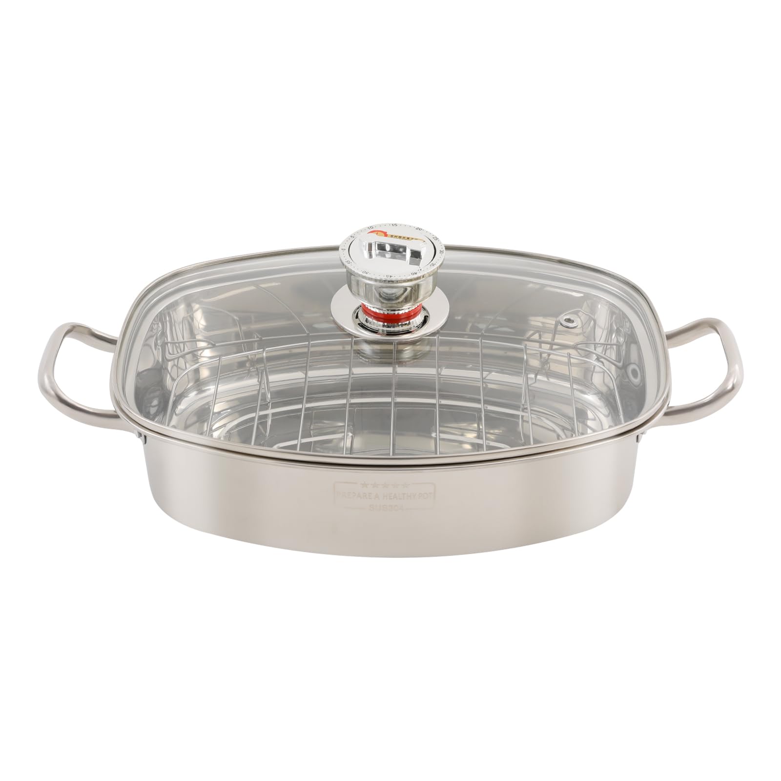 Edelstahl Dampfgarer Topf Set, Gas-, Elektro- & Induktionskochfeldern kompatibe, ovales Mehrzweck-Kochgeschirr mit Glasdeckel, Dampfeinsätze, Timer und Zange, für Fisch, Suppe & Dünsten (1 Etagen)