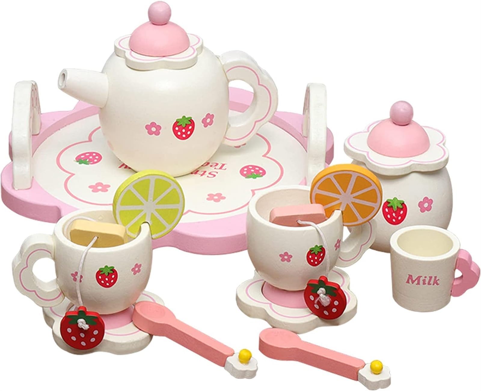 THE WHITE SHOP Wooden Tea Set Toys, Pretend Play Game Toy for Girls, 14 Pcs Cute Kids Wooden Kitchen Accessories, Birthday Christmas Easter Gift for Kids Boy