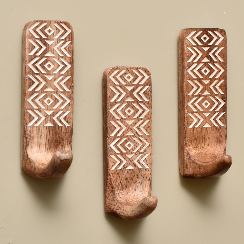 IndianShelf Boho Decorative Wood Adhesive Wall Hooks for Hanging Coats, Keys, Leash, Hat, Towel Holder, Cute Sticky Key Holder, White & Brown Western Wall Décor (3 Hooks 6 Strip)