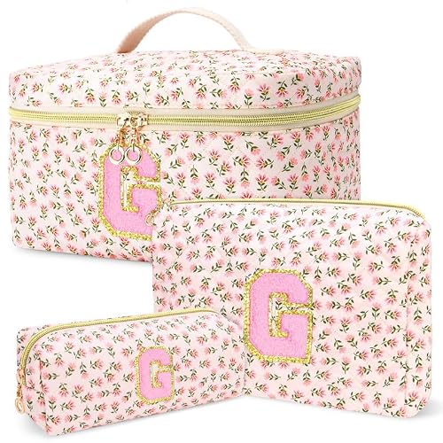 3 PCS Travel Makeup Bag Set, A–Z Initials Cotton Quilted Cosmetic Bag for Women & Preppy, Personalized Toiletry Bag Travel Accessories Makeup Brushes Organizer, Birthday Gift for Her (G, Red flower)