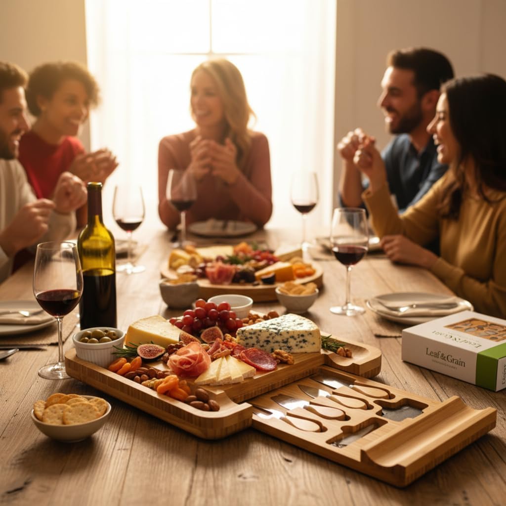 Leaf & Grain Charcuterie Board Set with Accessories Drawer - Real Bamboo Cheese Board & Stainless Steel Knife Set, Large Meat & Cheese Platter for Parties & Gifts - Natural