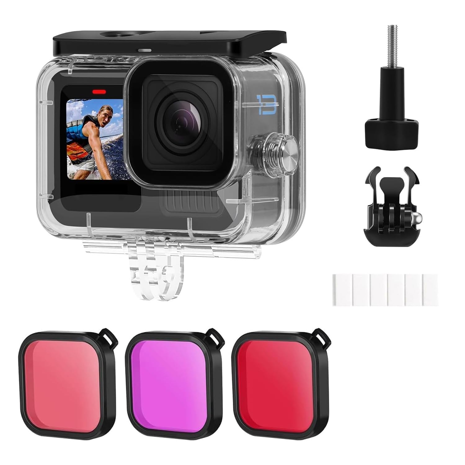 60M Custodia Impermeabile per Gopro Hero 13, Subacquea Immersione Trasparente Copertura Protettiva Shell con Montaggio a sgancio rapido + 3 filtri + 6 Fogli antiappannamento