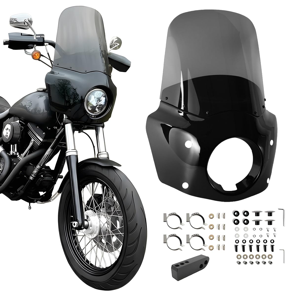 Motorcycle Fairing 5.75" Headlight Fairing with 15" Motorcycle Windshield 49mm Mounting Hardware for Harley Dyna FXD FXDC Street Bob FXDB Low Rider FXDL FXDLS Super Glide FXDI35(Smoke)