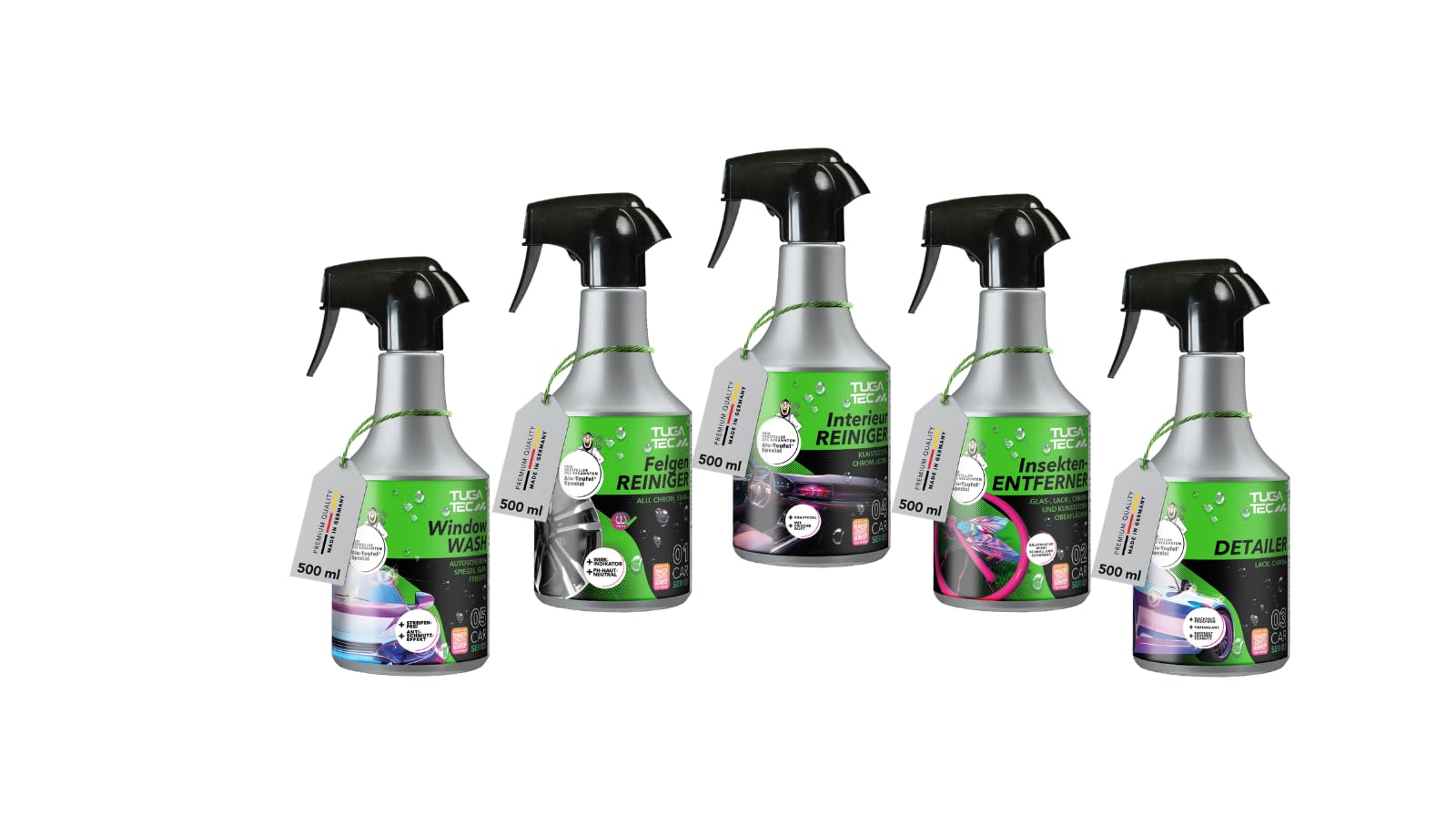 TUGA TEC Serie 5X 500 ml Profi Bundle, Felgenreiniger, Detailer, Interieur | Insektenentferner, Glasreiniger im Set mit hoher Haftwirkung, gründlich, schonend & effizient