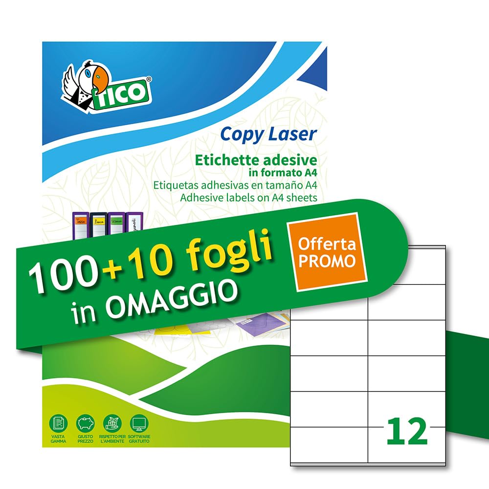 Tico Italia LP4W-10548P White Multi-Purpose Adhesive Labels, 100 + 10 Extra Sheets, Rectangular 105x48mm, 12 Labels Per Sheet, Permanent Adhesive, Laser and Inkjet Printers