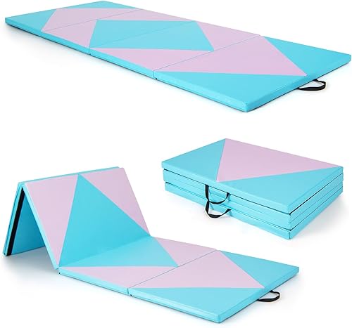 Vista 50 de Giantex 4'x10'x 2" Gymnastics Mat, 4-Panel Folding Aerobics Exercise Mat w/Hook & Loop Fastener, Carrying Handle, Portable Tumbling Mat for