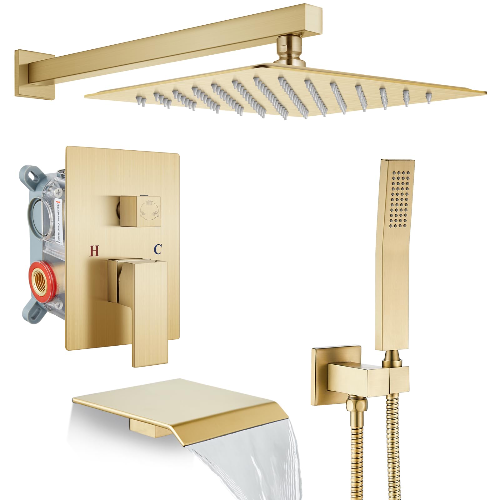 Système de douche cascade or brossé 25,4 cm avec mitigeur encastré
