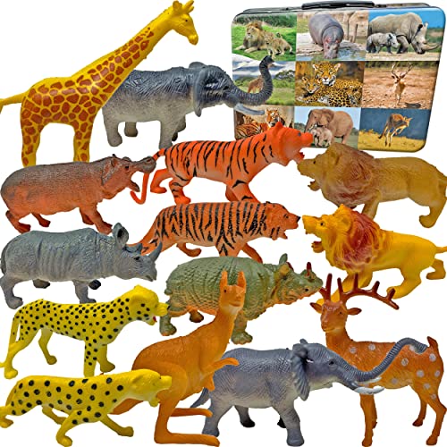 3 Bees & Me Safari Animal Toys with Storage Box | 14 Assorted Figures of Wild Jungle Animals for Kids with Fun Facts for Learning | Toddler & Children Playset for Boys & Girls | BPA Free