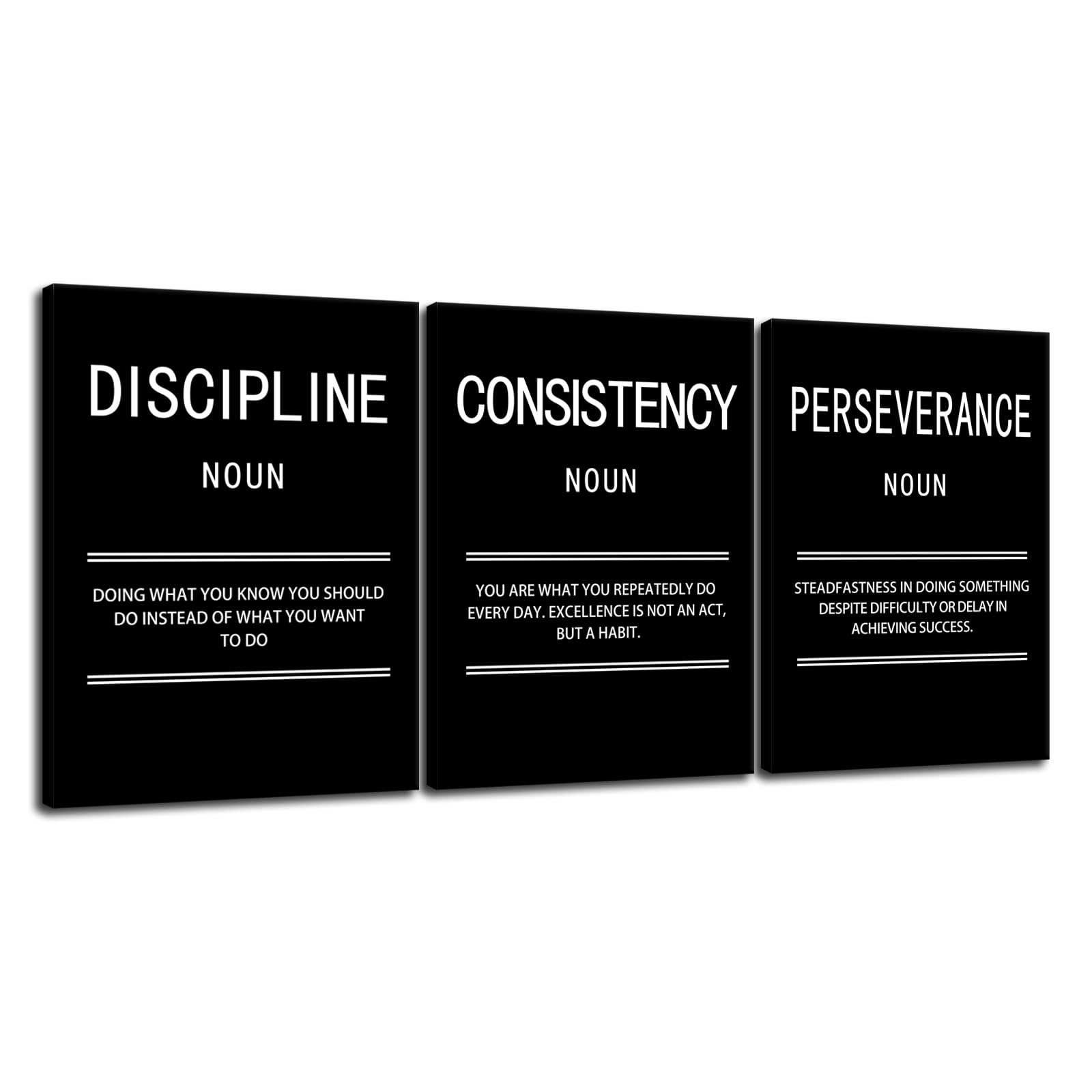 Inspirational Canvas Wall Art 3 Pieces Discipline Consistency Perseverance Print Posters Motivational Entrepreneur Positive Quotes Painting Picture Wall Decor for Living Room Home(12"x16"x3pcs)