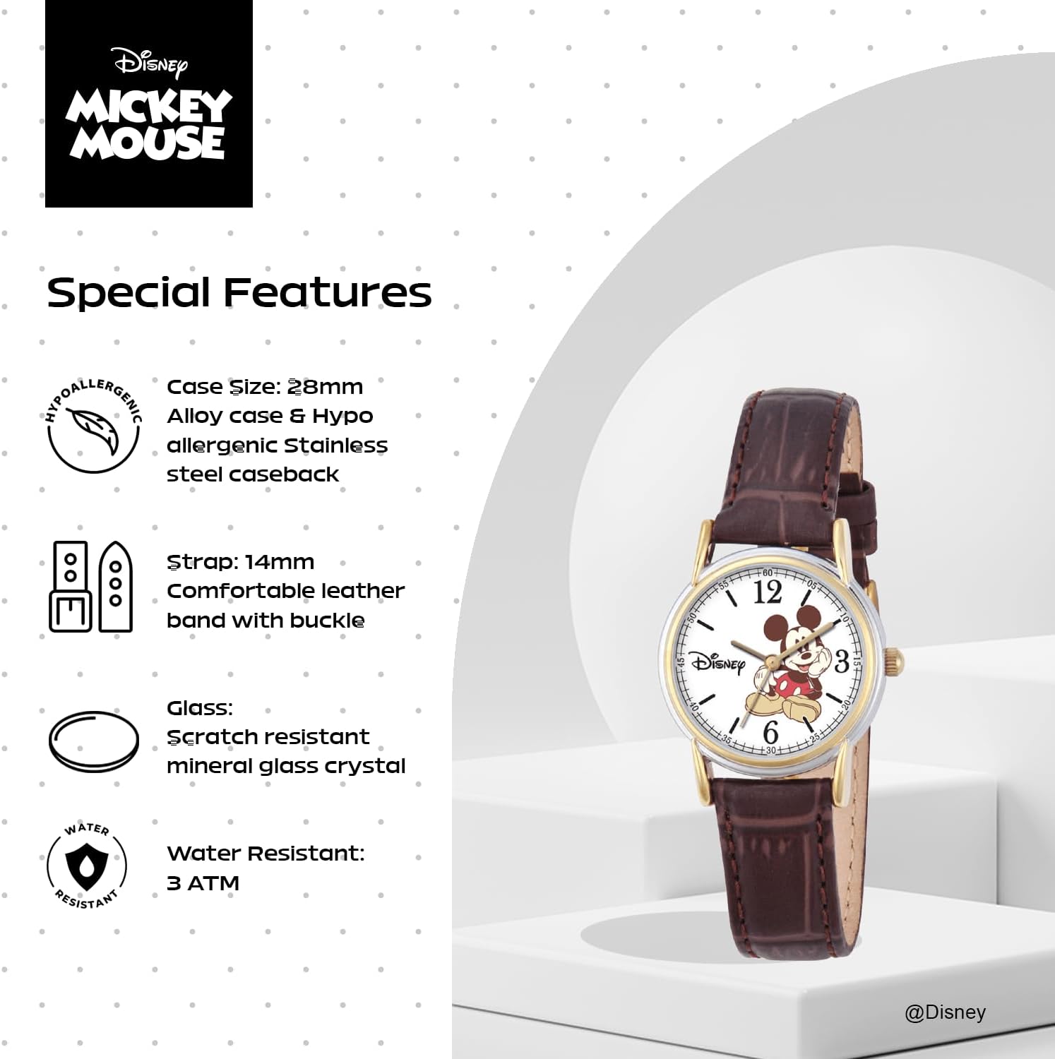 Disney Mickey Watch - Watch for Women - Mickey Mouse Watches for Women Toys - 90s Mouse - Vintage - Articulating Hands - Gold Case - Brown Leather Strap - Image 4