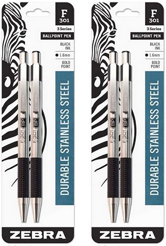 (2) Zebra Pen F-301 Bold Ballpoint Retractable Pens, 1.6mm Point Size, Black Ink, 2-Pack (27312)