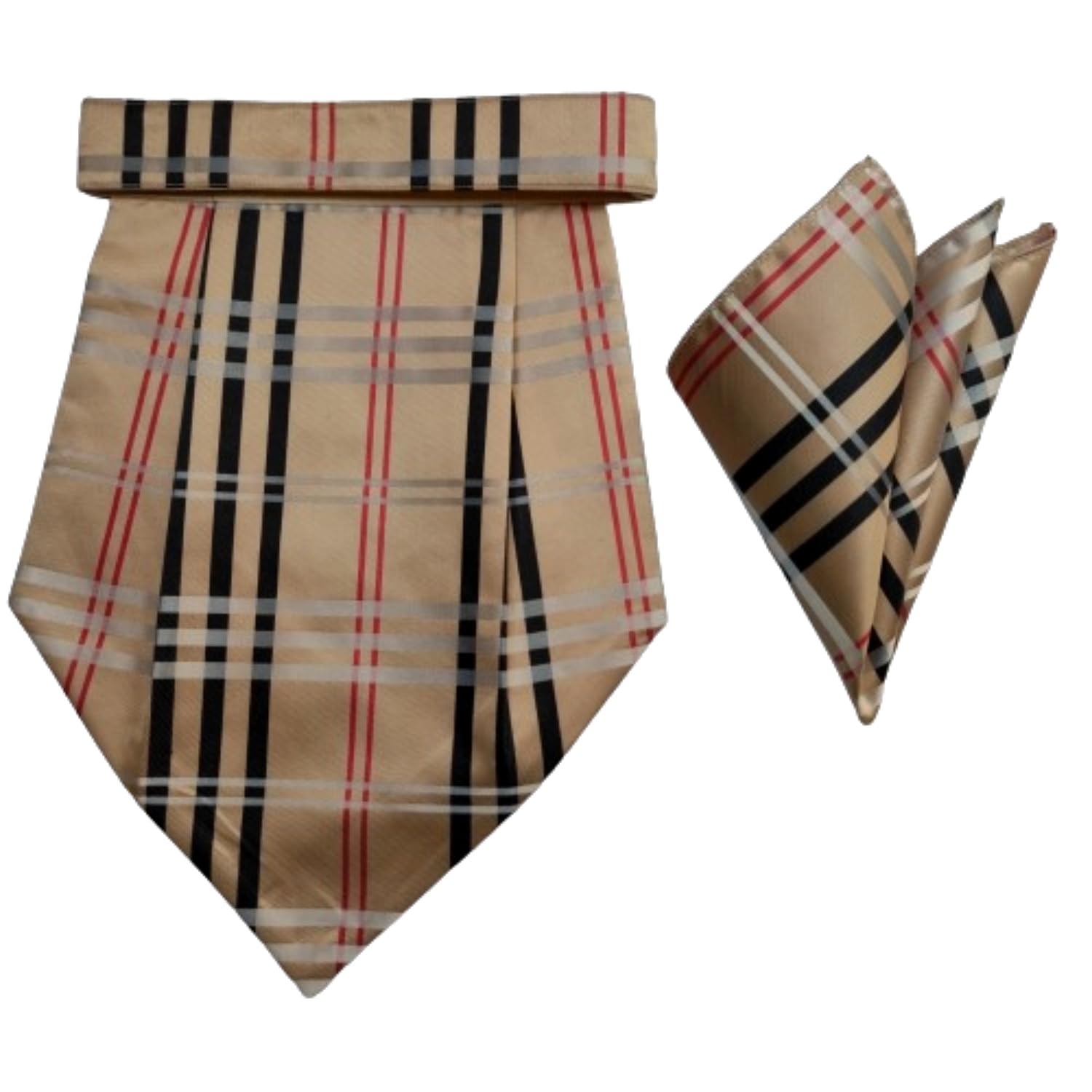 France Mens checkered Cravat ascot NeckTie Pocket Square Microfiber Fabric golden black Color free size-image-49