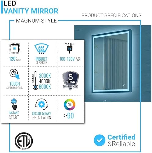 Miniatura 4 de LEDMyplace - Espejo retroiluminado frontal de 36 x 36 pulgadas para baño con marco plateado, botón táctil antivaho ajustable, temperatura de color y