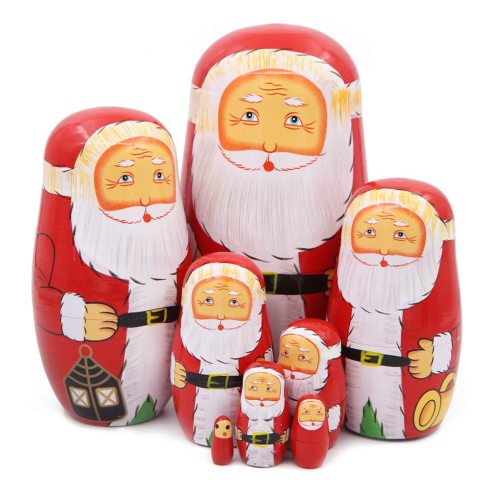 Apol Set of 8 Cute Santa Claus with White Beards and Black Belt Nesting Dolls Wooden Crafts Matryoshka Russian Doll for Kids Stack Toy Children Christmas Birthday Gift Home Decoration