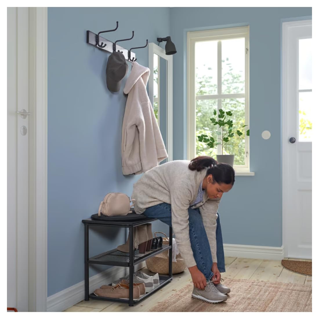 Ikea NIPÅSEN Bench with Shoe Storage, Black, 79x35x52 cm with BAGGMUCK Shoe Mat, Grey, 71x35 cm and VIKFJÄRD Washcloth, Grey, 30x30 cm 2