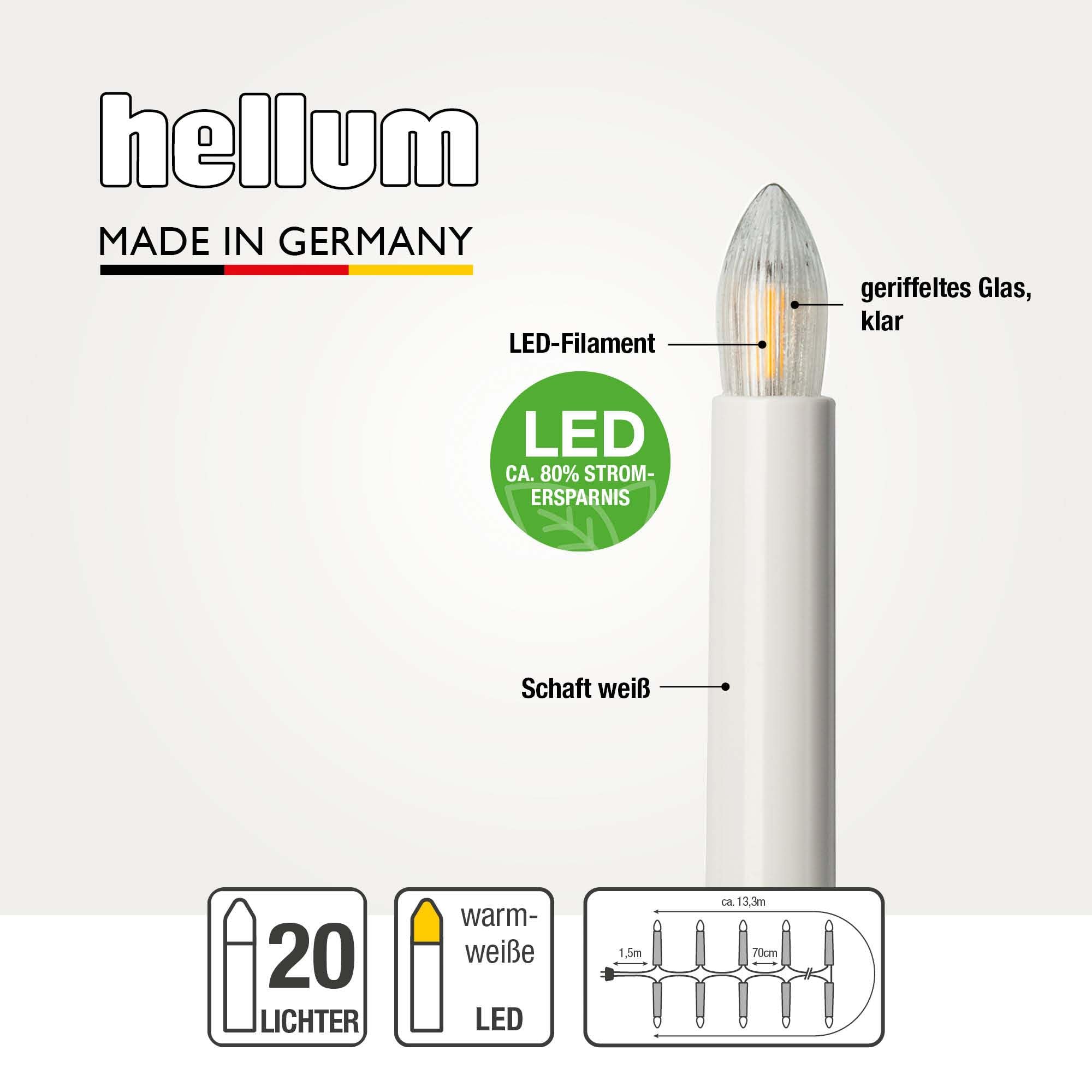 hellum Lichterkette Weihnachten LED-Filament innen 20 LED, Stecker teilbar | Made in Germany warmweiß, Christbaum Lichterkette mit Clip, 13,30m beleuchtet, Stecker teilbar, Kabel grün <59lm 815016