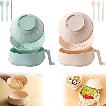 Ramen Cooker Ramen Bowl Set with Chopsticks, 2026 New Wheat Fiber Microwave Ramen Cooker, Instant Noodle Bowl with Strainer and Handle Ramen Kit for College Dorm Room Essentials Beige+Green
