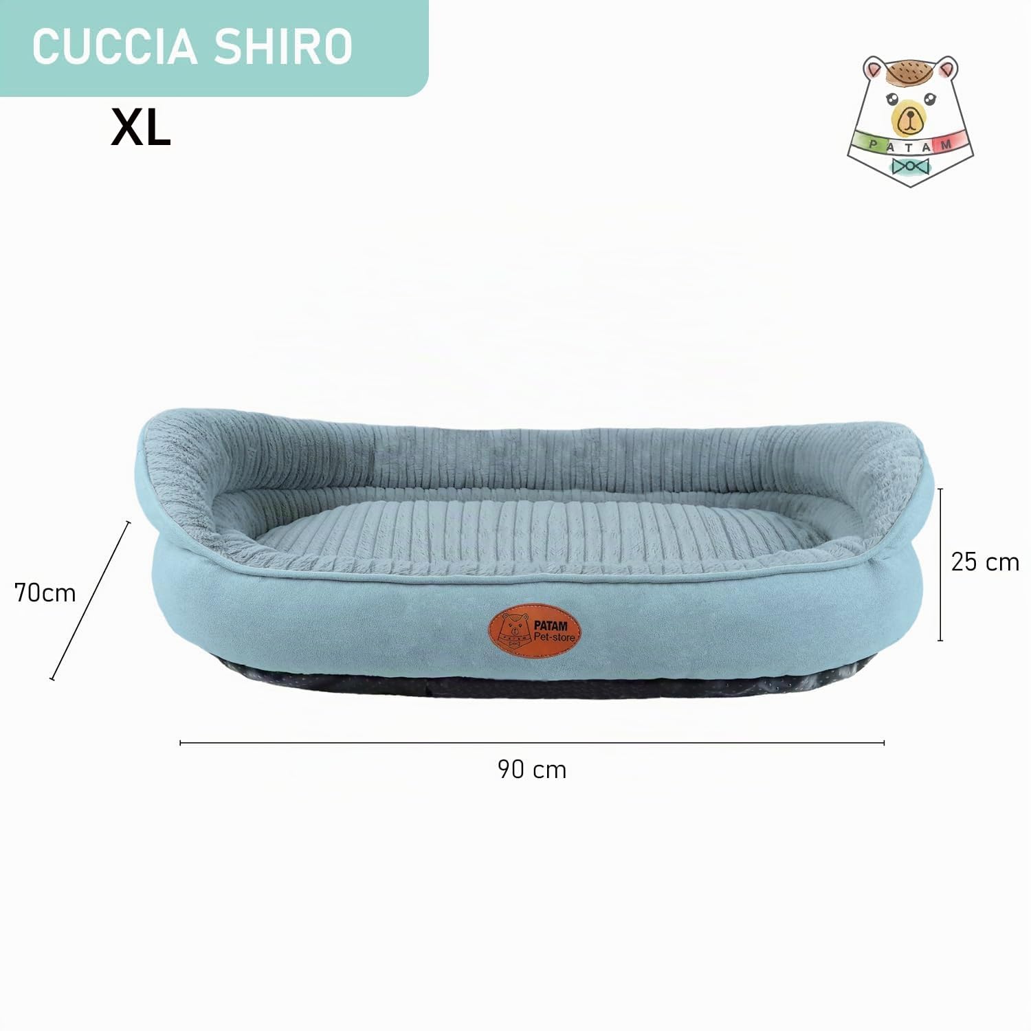 Cuccia Cane e Gatto Interno, Lettino Morbido Sfoderabile, Antiscivolo, Shiro Azzurro, Extra-Large 90x70x25 cm