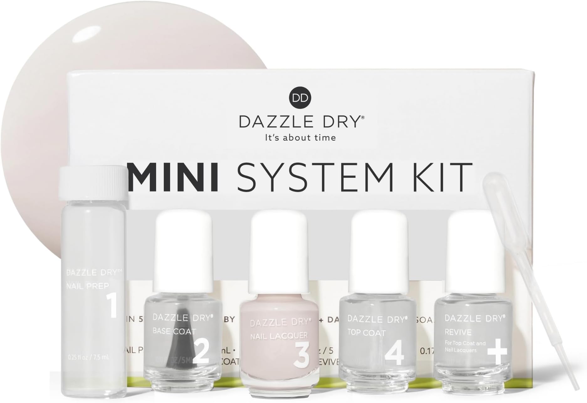 Dazzle Dry Mini Kit 4 Step System - At First Blush - A pale, subtle off-white pink. Full coverage cream. (5 Piece Kit)