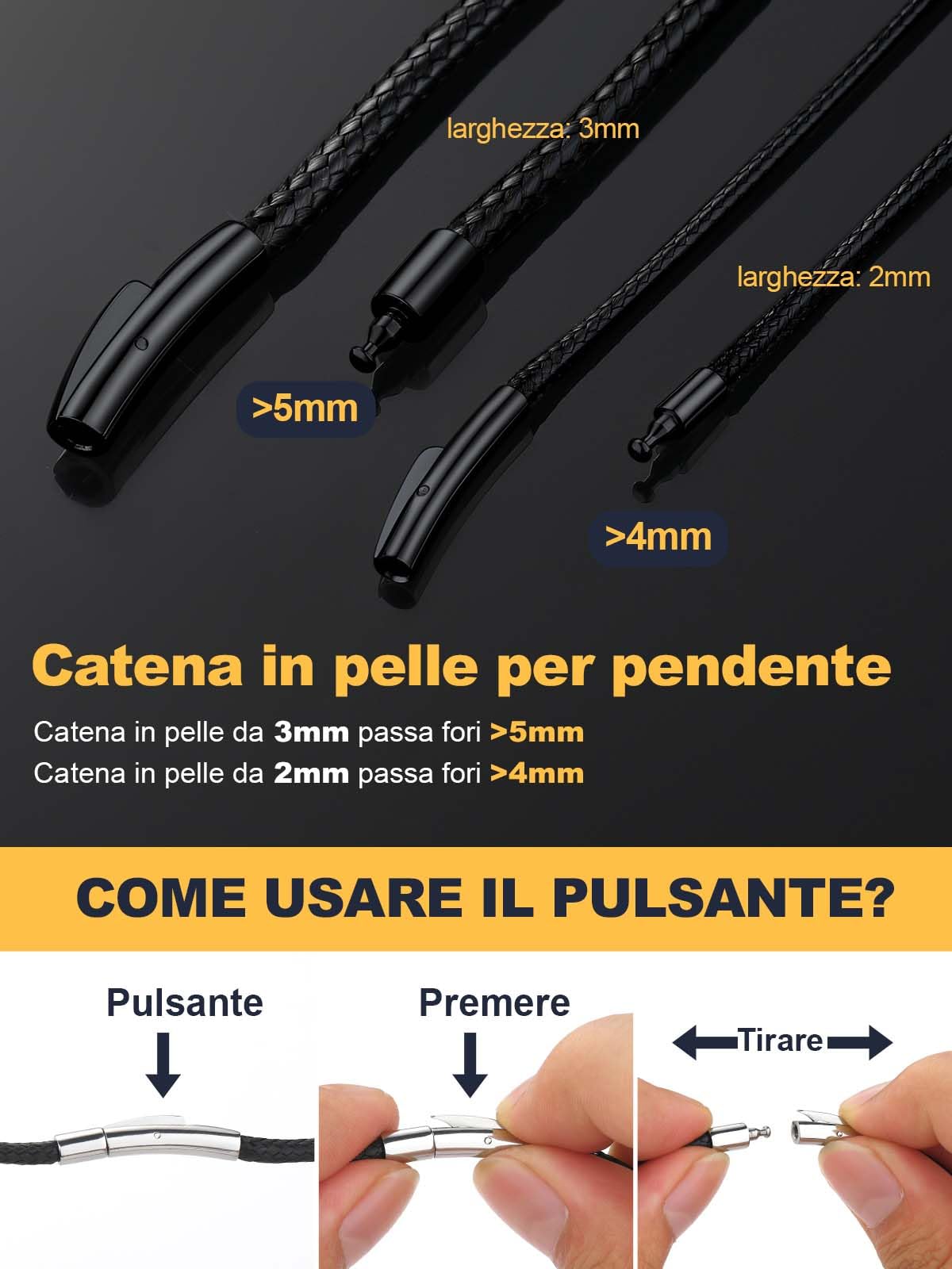 U7 Collana Uomo Caucciù Larg.2/3mm Lungh.41-76cm Marrone Nero | Stile collana uomo pelle,cordino per collane, chiusura acciaio inox, impermeabile e ipoallergenica, accessorio estivo