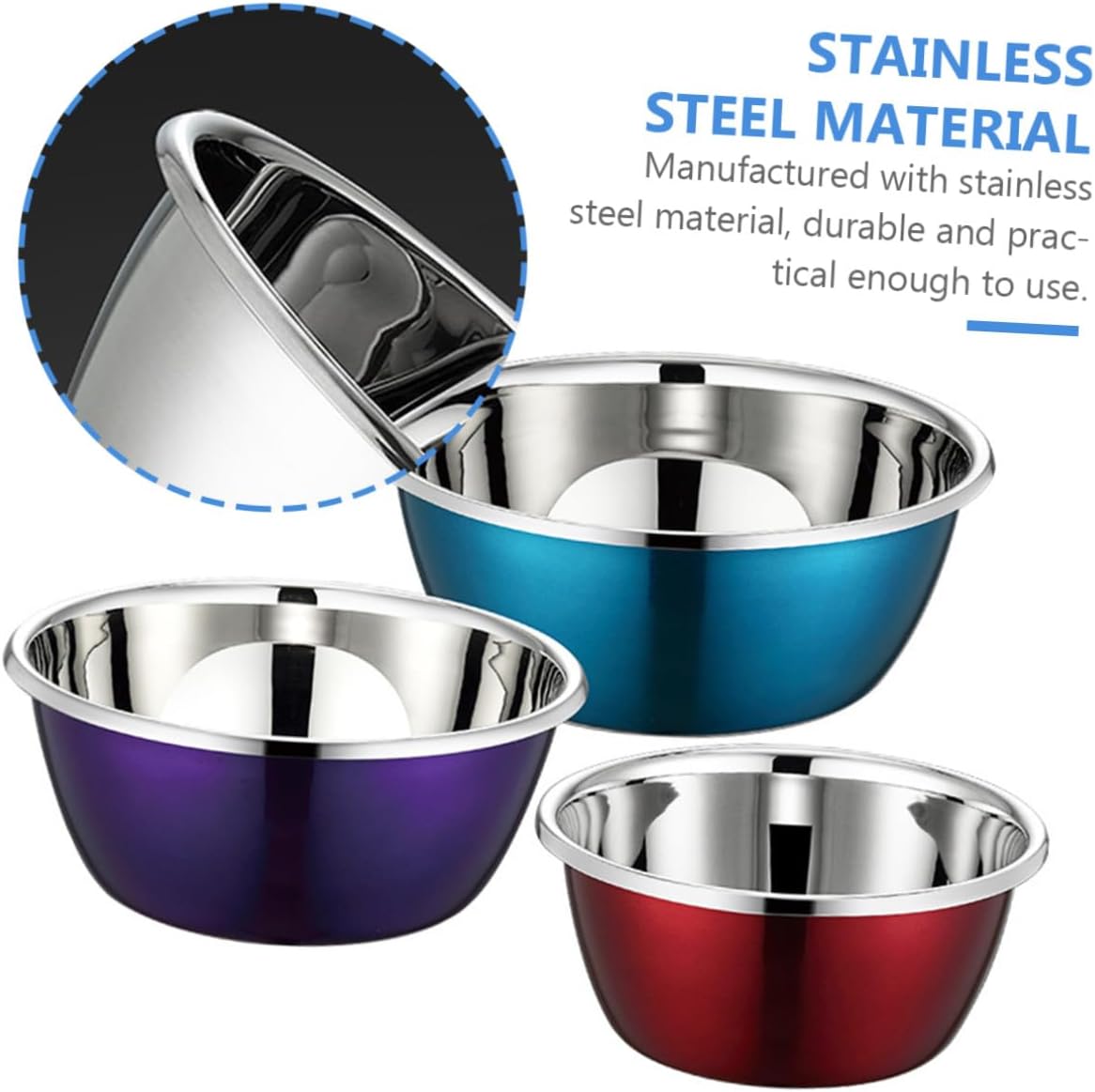 Wakauto 3pcs Stainless Steel Mixing Bowl Set Nesting Prep Bowls with Colorful Finish for Household Cooking and Baking