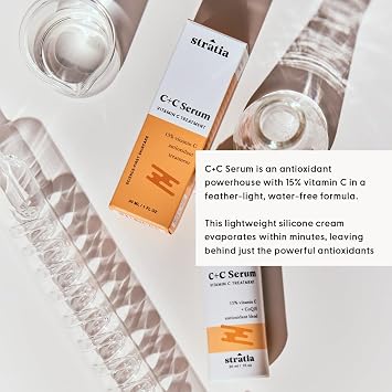 Stratia C+C Vitamin C Serum 15% Potent Formula with 10% L-Ascorbic Acid for Bright, Even-Toned Skin - Non-Irritating, Water-Free Antioxidant Face Cream, 1 Fl Oz