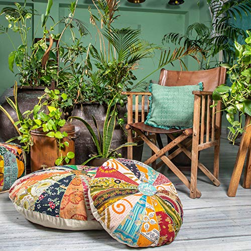 Eyes Of India - 22" Colorful Vintage Kantha Round Decorative Floor Meditation Pillow Cover Cushion Seating Throw Indian Boho Chic Bohemian Accent Handmade Cover Only #TOP1