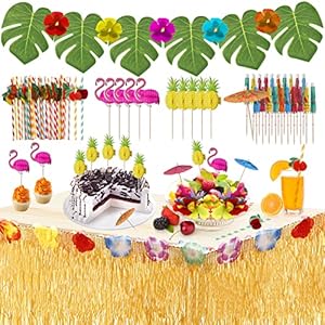 URBZUE Hawaii Luau Tropische Feestdecoratie Set, Hawaii Luau Gras, Tafelrok, Palmbladeren, Bloemen, Benodigdheden, 83…